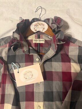 Upcycled Plaid Ruffle Collar Blouse | Women’s Large | Burgundy Gray & Cream Plai